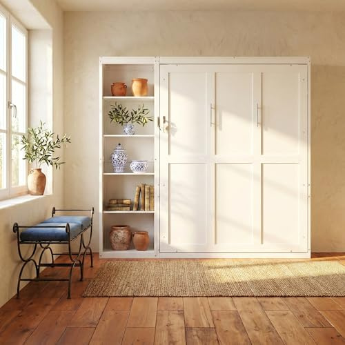 Merax Queen Size Murphy Bed, Wood Queen Wall Bed Frame with Shelves, Murphy Cabinet Bed for Home, Office or Small Room, White