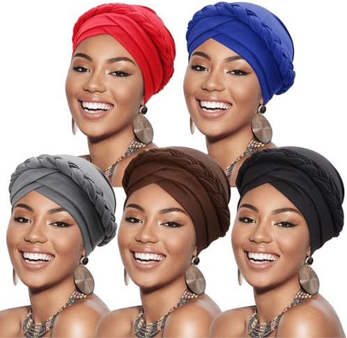 DRESHOW 5 Stück Afrikanischer Damen Turban Geflecht Kopfbedeckung Kopftücher Chemo Kappe Vorgebunden Beanie Mütze Kopfwickel Schlafmütze