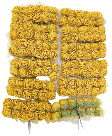 144pcs Mini Artificial Rose Flower Heads and Soft Stem,25mm PE Tiny Rose add Gauze for DIY Wedding Make Bridal Hair Clips,Cake Top,Wrist Corsage Boutonniere,Wreath Bracelet Flower (Gold)