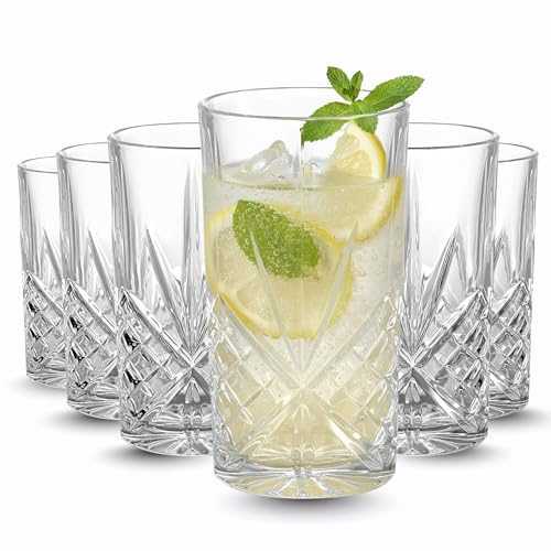 UNIQUE CRAFTS 6X Crystal Melodia Tall Tumblers Highball Drinking Glasses Tall Hi Ball Glass Water Gin Juice Cocktail, Whiskey, Water Drinking Tall Glasses Tumbler Set-Glassware