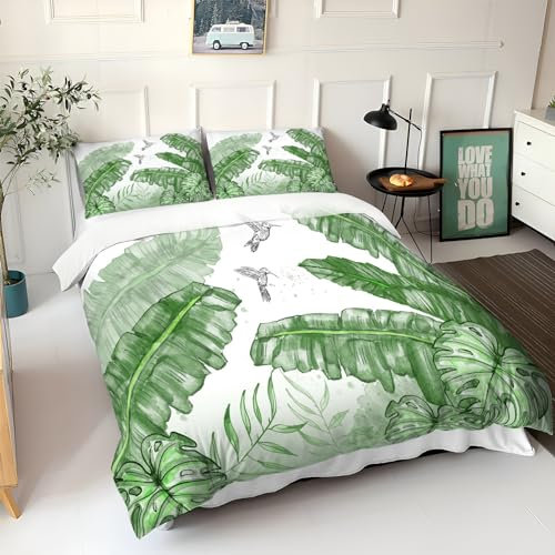 Bettwäsche-Set mit tropischen Blättern, Monstera-Muster, weich, atmungsaktiv, Bettwäsche mit 2 Kissenbezügen, hypoallergenes Mikrofaser-Material, bügelfrei, pflegeleicht, 231 x 221 cm