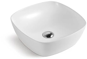 Eridanus Lavabo quadrato, lavabo rettangolare da appoggio, lavabo in ceramica vitrea cinese con finitura bianca lucida, ideale per lavabo da bagno, 400 x 400 x 140 mm