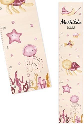 Bärenfreunde® - Personalisierte Messlatte Kind Holz zum Kleben oder Aufhängen - Skala 70-140cm - Süße Dekoration für Baby- & Kleinkinderzimmer (Kinder 70-140cm, Schildkröte rosa)