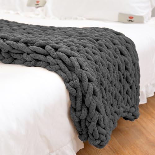 LUOZIQINX Strickdecke, Grob Gestrickte Kuscheldecke, Chenille Handgefertigt überwurf Kuscheldecke Grobstrick Decke für Bett, Sofa, Flauschige,Grau,150x200cm