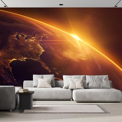 Papier Peint Panoramique Planète Skyline, 400×280cm Lever De Soleil Jaune Nature Papier Peint soie Personnalisé Photo Murale pour Salon Chambre d'enfants Décoration Murale