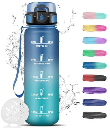 Borraccia 1 Litro, Borraccia Palestra, a Prova di Perdite, Borraccie Motivazionale con Orari per Bere, Borraccie Sportiva, Bottiglie Graduata per Fitness, Ciclismo, Adulto, Yoga, Ufficio, Scuola