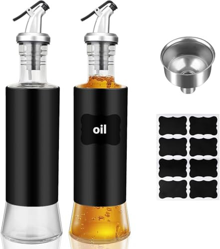 Lrocotanc Set bottiglia olio con dosatore (2x300ml) – Oliera in acciaio inox con dosatore olio, etichette, imbuto e livello visibile. Perfetta come bottiglia per olio o oliera salvagoccia.