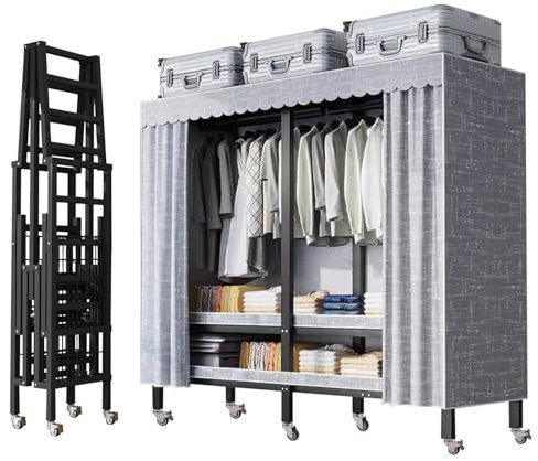 FPIGSHS 180cm Faltbarer kleiderschrank Aus Rollen, Tragfähigkeit 900kg, Metal Stoffschrank Stabil Faltschrank Mit Reißverschluss,Faltbarer kleiderschrank Garderobe Für Schlafzimmer (A, 180CM)