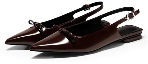 Coutgo Womens Slingback Flats Bow Slip on Dress Shoes Buckle Comfortable Ballet Flats Pointed Toe Flat Party Work Shoes, Red-Brown, Size 8