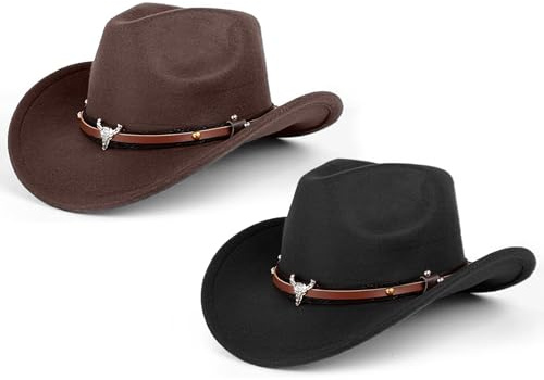 Aegistus 2 Pcs Cowboy Hat for Women and Men, Unisex Western Cowboy Hat, Felt Wide Edge Western Cowboy Hats Classic Panama Hat Outdoor Wide Edge Cowboy Hats with Strap Black,Brown