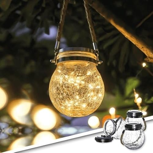 RexTech Solar Hängelampen Betsy 3er-Set, Glaskugel, 30 LEDs | Glasbruch-Effekt, als Tischleuchte nutzbar, Dämmerungssensor, IP44, für Balkon und Terrasse