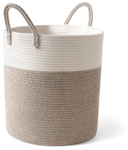 Large Cotton Rope Laundry Basket, Woven Storage Basket with Reinforced Handles, Foldable Toy Basket for Nursery, Blanket Basket Laundry Hamper for Living Room (Beige, (44L)40 * 40 * 35CM)