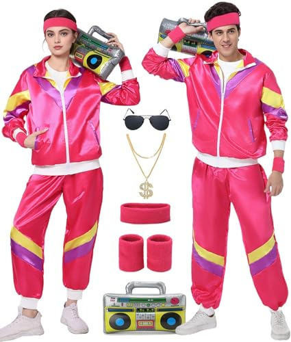 FOVER 80er Jahre Outfit Herren Damen Kostüm Trainingsanzug Pop Art Retro Stil Kostüm Accessoires set mit Aufblasbares Radio Sonnenbrille Halskette Schweißband für Mottoparty Fasching