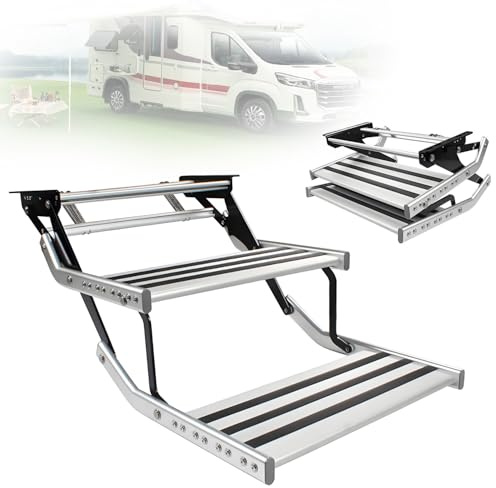DPLXQPP Marchepied Double pour Camping-Car avec éclairage LED,Escabeau électrique/Manuel 12v Marches Anti-Dérapant pour Entrée/Sortie Sécurisée De Nuit/Pluie/Neige Manual