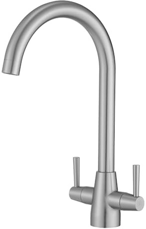Heable Kitchen Mixer Tap Dual Lever Swivel Spout Brushed Nickel Sink Taps with UK Standard Fittings