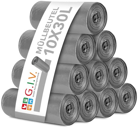 G.I.V. reißfeste Müllbeutel 10x 30L Fassungsvolumen 30 Stück pro Rolle - graue Abfallsäcke 50x60cm 18 µ - Stabil, flüssigkeitsdicht, recyclingfähig - geeignet für Bad, Küche, Büro, Haushalt, Sanitär