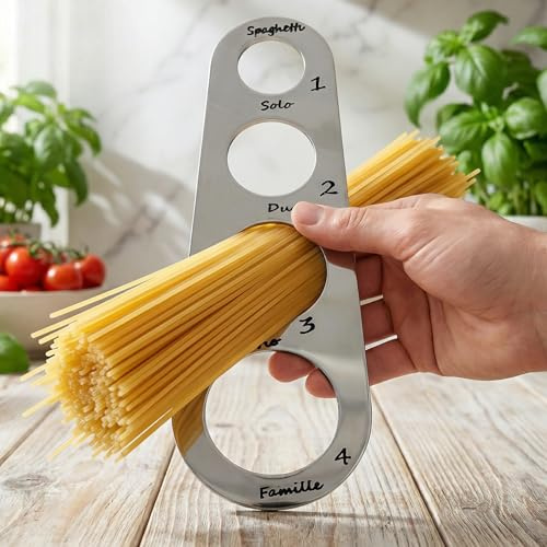MIJOMA Spaghettimaß Edelstahl – Pastamesser für 1–4 Personen – Küchenhelfer mit 4 Portionierlöchern – Rostfrei, platzsparend, spülmaschinengeeignet, 18,5 x 6,5 cm, Silber