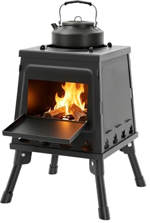 Hornillo para tienda de campaña y mini estufa de leña, de acero inoxidable, plegable, con bolsa de transporte, varilla de combustión y guantes, calentador de tienda de campaña plegable, para camping