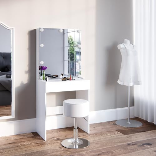 Vicco Schminktisch Melle, Weiß, 68 cm mit LED Beleuchtung und Hocker, Kompakter Schminktisch – ideal für kleine Räume oder Ecken