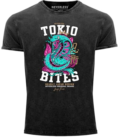 Neverless® Herren T-Shirt Vintage Shirt Printshirt Japan Kobra Motiv japanische Schriftzeichen Schriftzug Tokio Bites Aufdruck Used Look Slim Fit Schwarz XL