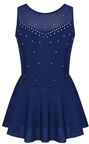iEFiEL Eiskunstlauf Kleid Mädchen Glitzer Ballettkleid Ärmellos Ballettanzug Ballett Trikot Body mit Strass Wettbewerb Kostüm Gymnastikanzug Navy Blau 158-164