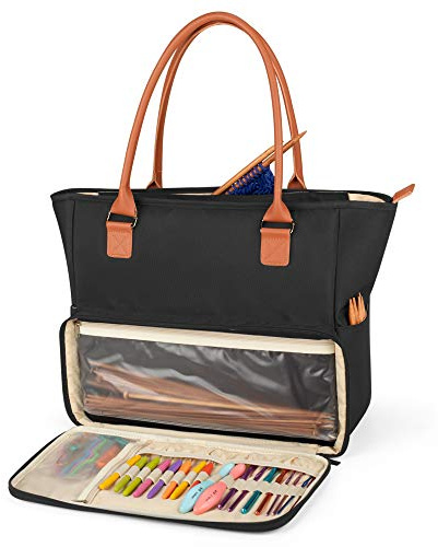 Yarwo Stricktasche mit Griff aus PU-Leder und Taschen für WIP, Schwarz