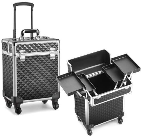 Mecucasi Rullande makeup tågfodral aluminium stor organiserad aluminium kosmetisk vagn frisörväska, Svart