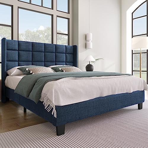 Polsterbett 140x200 mit Lattenrost Rückenlehne，Hautfreundliche Leinenmaterial, Blau, Bett Einzelbett Jugendbett(Ohne Matratze)