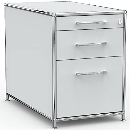 SYSTEM8X Bürocontainer 80cm mit 1 Materialschublade, 1 Schublade und 1 Hängeregistratur aus Holz Chrom in Dekor Lichtgrau auf Stellfüßen