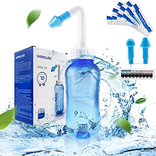 WATERPULSE Nasendusche mit Salz, 300ml Neti Pot Sinus Spülung mit 10 Nasenspülsalz Wash Salt Packets und Sticker Thermometer für Erwachsene & Kid BPA Free, Blue