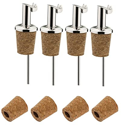 Westmark 4 Becs Verseurs pour Spiritueux/Huile + 4 Bouchons de Rechange, avec Clapet, avec Tube d'air, court, Métal/Inox, Bouchon en liège, Inox Gastro, Argenté, 457022E3