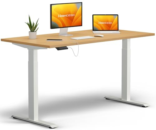 KRIEG HighDesk Basic Höhenverstellbarer Schreibtisch 120 x 80 cm I Weiß + Buche - Elektrischer Sitz- & Stehtisch mit Tischplatte - Stehschreibtisch Elektrisch Höhenverstellbar