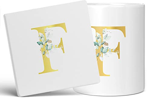 Tazza personalizzata con lettera F floreale iniziale, regalo personalizzato, lettera stampata effetto oro, non metallica, tazza da caffè in ceramica per uomini o donne, tazza extra grande e gigante,