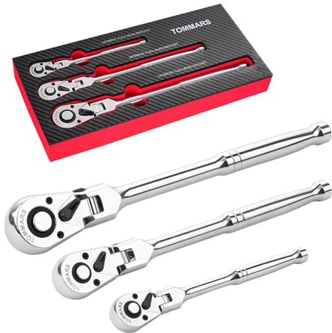 TOMMARS Flex-Kopf Ratschen-Set, 1/4 Zoll, 3/8 Zoll, 1/2 Zoll Antrieb, flexibler Ratschengriffschlüssel, 72 Zähne, Schnellspanner, umkehrbar