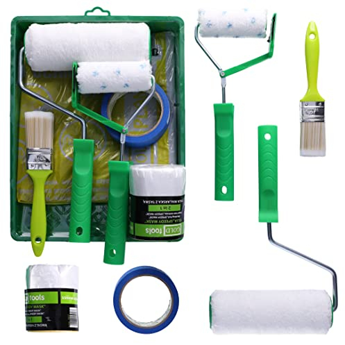 ToolSpace 10 Pezzi Set - Rullo Pittura Kit 18 cm con Rulli e Manico - Pennello Pelo Lungo 36 mm - Telo Protettivo - Nastro e Pelicola Nastro - Vaschetta per Tinteggiatura - Pitturare Casa e Interne
