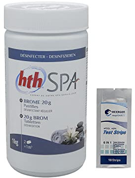 HTH Spa Brome Pastilles 20g - 1kg | Brome Lent - Désinfection Régulière - Dissolution Lente + 10 Tests HPS OFFERTS 6 en 1
