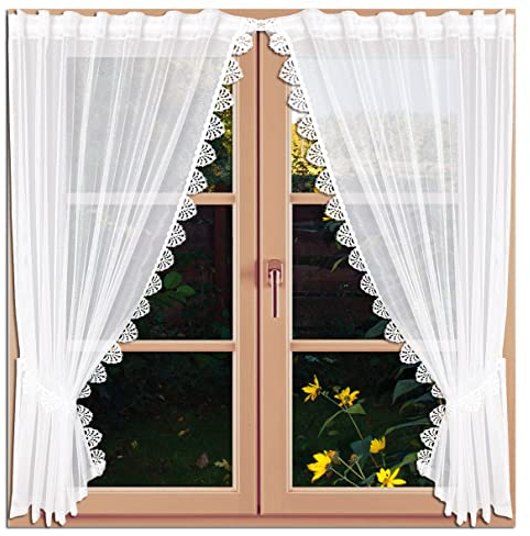 Raffgardine Sylvia mit Plauener Spitze Gardinenset 4-teilig mit Raffhaltern weiß Landhaus-Scheibengardine 145 x 130 cm