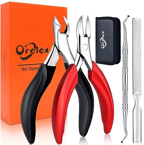 Orelex Nagelschere für Dicke und Tief Eingewachsene Zehennägel, Profi Edelstahl Pediküre Nagelknipser, Ergonomische Komfort Langgriff Maniküre Clipper, 4 Stück Set Fußnagelzange - mit Geschenkboxe