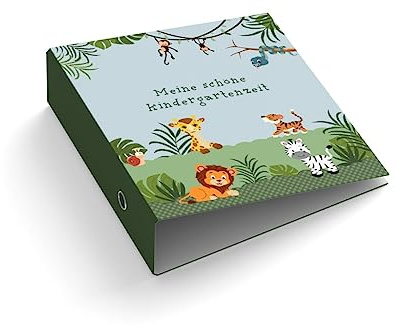 Ringordner mit Wunschtext personalisieren | Ordner für Kinder | Giraffe Zebra & Co. | Mit Griffloch | für DIN A4 | 7,4 cm breit | Meine Kindergartenzeit | Löwe | Tiger