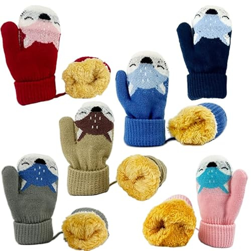 Warme gestrickte Fäustlinge für Kleinkinder, niedliche Cartoon-Handschuhe, Winter-Fäustlinge mit Schnur, zum Aufhängen, für 1–4 Jahre Kinder (6 Farben)