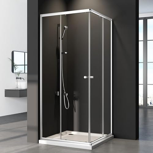 Schiebetür Eckeinstieg Duschkabine 90x90cm Doppel Schiebetüren Glas Duschabtrennung, Eckeinstieg Duschkabine aus 6mm ESG Sicherheitsglas, Eckdusche Silber Duschwand Höhe 185cm