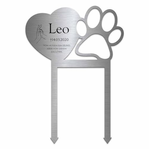 CHRISCK design Individueller Tier Grabstecker mit Herz und Pfote aus witterungsbeständigem Edelstahl - mit vielen Motiven und eigenem Text für Hunde, Katzen und co. - 25x35 cm