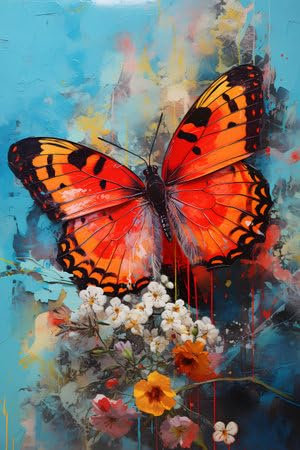 Acryl-Bild 30 x 50 cm: Bunter Schmetterling mit Blumen auf Grunge-Hintergrund. Digitale Zeichnung. (208689954)