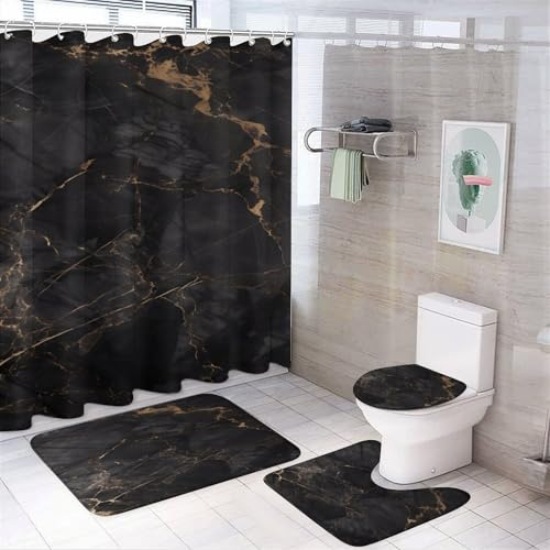 4-teiliges Luxus-Duschvorhang-Set Aus Marmor Mit Rutschfesten Teppichen, WC-Deckelbezug Und Badematte, Schwarz Gold Badezimmer Dekor Set Mit Duschvorhang Und Teppichen Und Zubehör (183 * 183cm,Bunt4)