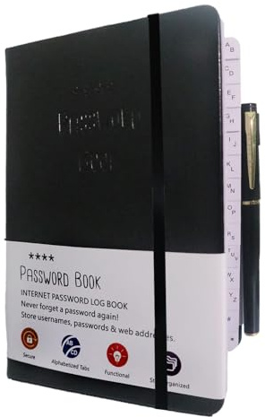 Lunaana Passwortbuch, Passwortbuch mit Register A-Z, mit Gelstifte, Organisator für Internetadressen und Passwörter, Platz für 480 Passwörter, mit Stiftschlaufe, Gummiband, Innentasche(Schwarz)