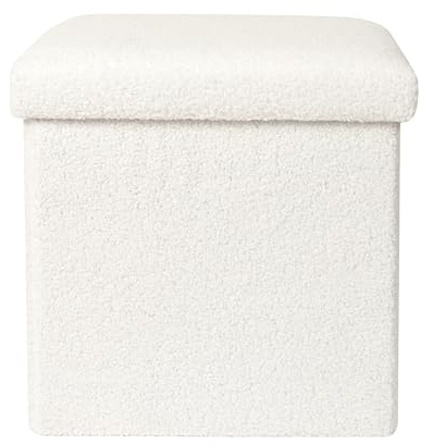 HOME DECO FACTORY, HD0058, hopfällbar ottoman i vit bouclette, Natural Crush, möbel, sits, ottoman och golvkudde, 38 x 38 x 38 cm, sitthöjd 38 cm, vit