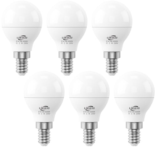 LOEODO E14 LED Light Bulb, 5W=40W, 6000K Cool White, 470LM, Pack of 6 | Small Edison Screw, Mini Globe E14 SES Golf Ball Bulb, Save 87% Energy, Non-Dimmable, No Flicker, 45x81mm