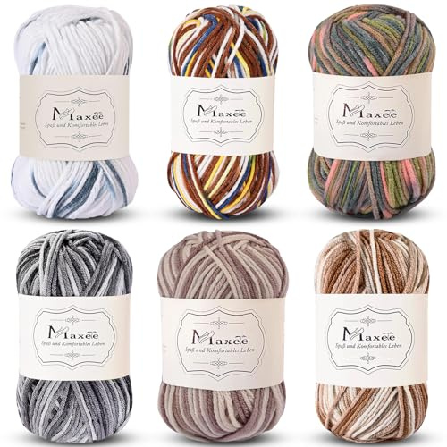 Maxee Handstrickgarn, 6x50 g Häkelgarn, Bunt Farbverlauf Acrylgarn zum Stricken, Weicher Wolle zum Häkeln, Mehrfarbiges Garn zum Stricken Häkeln und Basteln