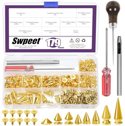 Swpeet 179 Sets 8 Sizes Gold Cone Spikes with Scratch Awl Screwdriver Punch Assortment Kit, Punk Spikes and Studs Metal Tree Spikes Bullet Spikes Screwback Studs for Punk Clothing Craft DIY