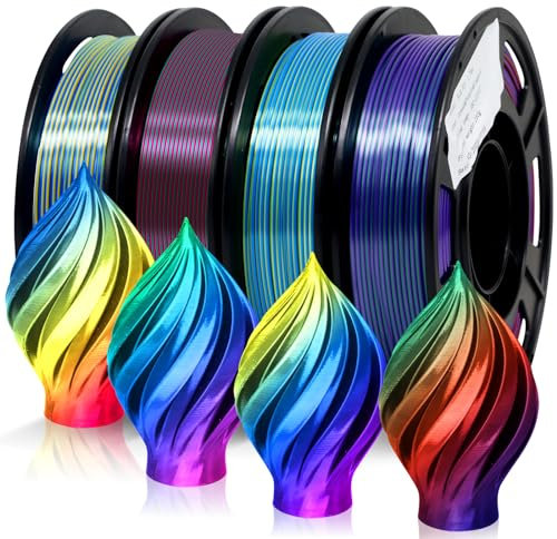 EONO Dreifarbiges PLA Filament 1,75mm, Mehrfarbiges 3D Drucker filament, 4x250g Spulen, Silk Rosen rot/Blau/Grün, Rot/Blau1/Gold, Grün/Lila/Kupfer, Blau2/Lila/Gelb